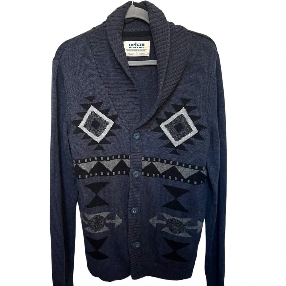 Urban Pipeline Mens Shawl Collar Cardigan Sweater Blue Southwestern Geometric L